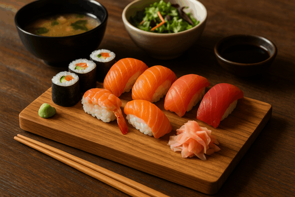 Sushi in Surrey Surrey Local photograph of an assortment of sushi; salmon and tuna nigiri alongside avocado-salmon maki—arranged on a wooden board