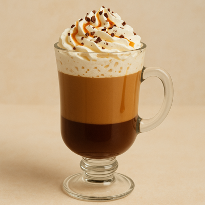 Coffee in Surrey A clear glass mug filled with a layered coffee drink, topped with whipped cream, caramel drizzle, and chocolate shavings, set against a neutral beige background