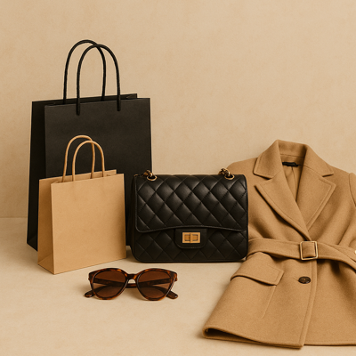 Fashion & Shopping in Surrey fashion and shopping elements including black and kraft paper shopping bags, a quilted black handbag, tortoiseshell sunglasses, and a beige wool coat set against a warm neutral background