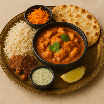 Food in Surrey meal on an ornate brass platter featuring butter chicken, basmati rice, naan, raita, papadums, chickpeas, shredded carrots, and a lemon wedge, styled with warm lighting and rich textures
