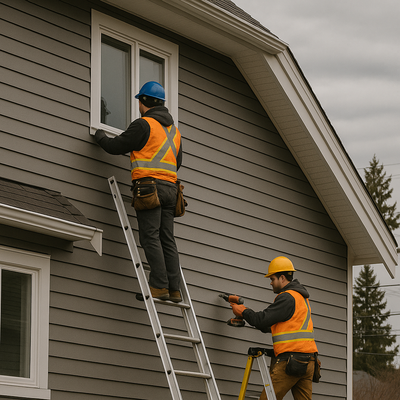 Home Services in Surrey,BC Two construction workers in high-visibility vests and helmets install siding on a grey suburban house, using ladders and power tools, with overcast skies and trees in the background