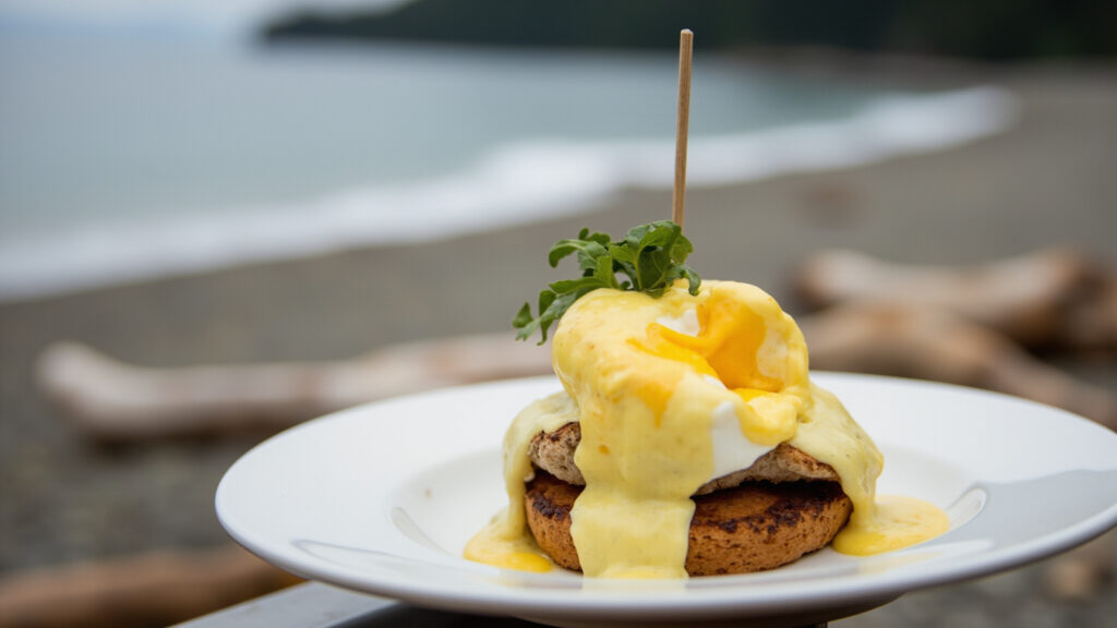 Eggs Benedict with golden hollandaise sauce on a white plate at a BC cafe