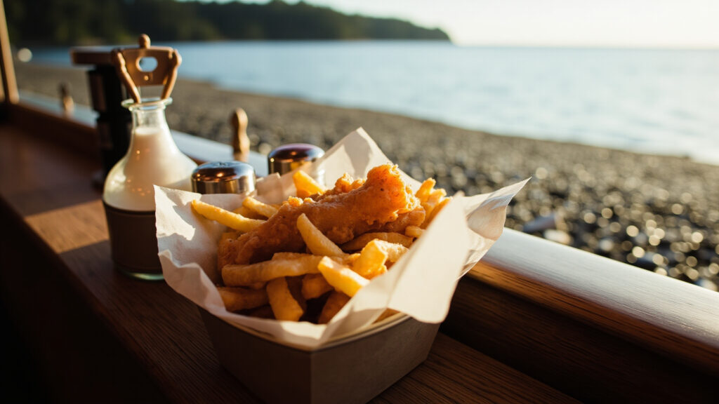 Fish and chips in a paper-lined tray on a BC beachside railing with malt vinegar at golden hour