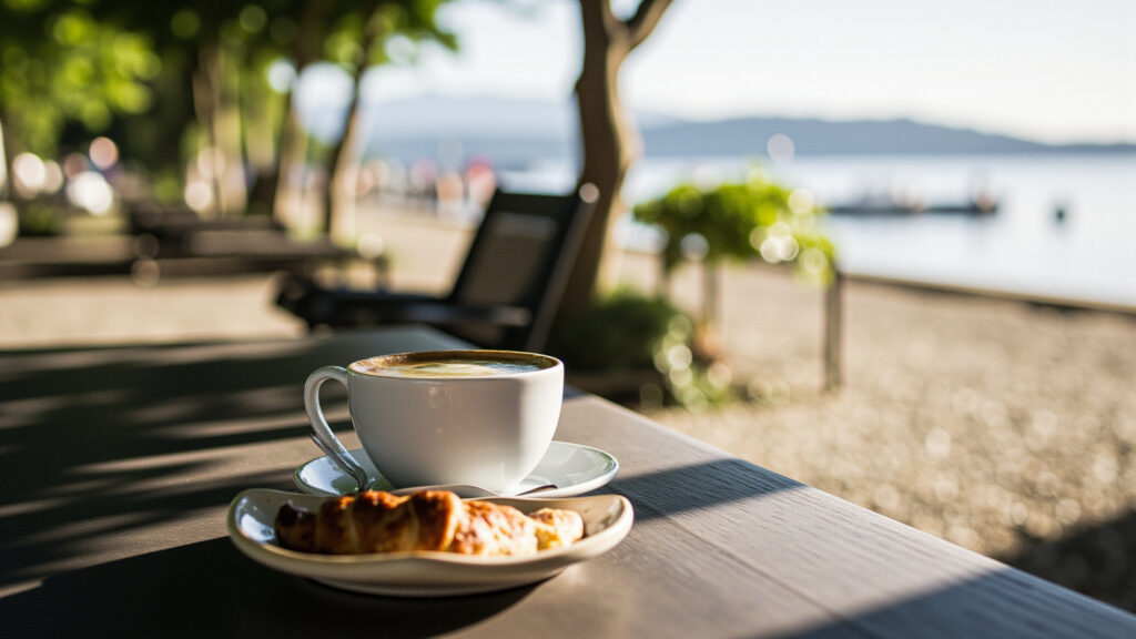 Outdoor cafe patio table with latte and croissant overlooking BC waterfront and mountains in South Surrey