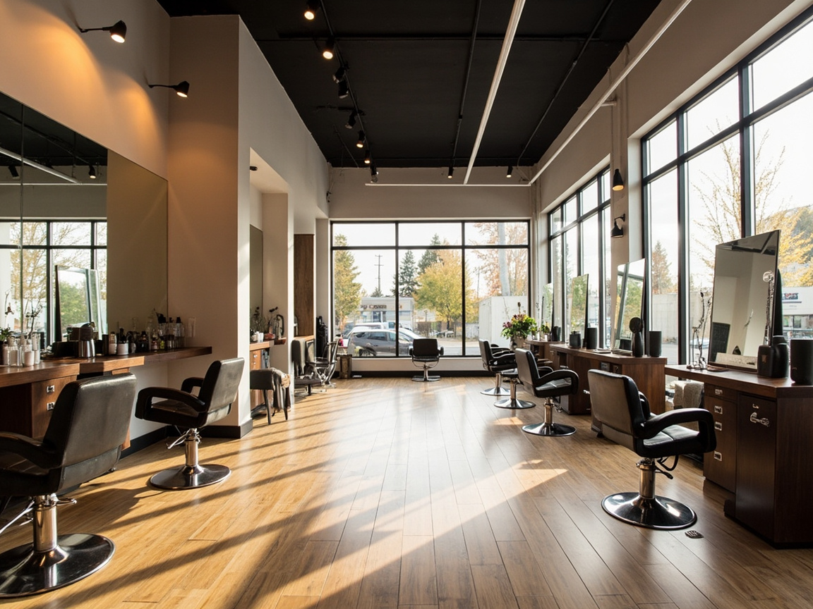 Surrey hair salon interior with warm wood tones, multiple styling stations and large windows