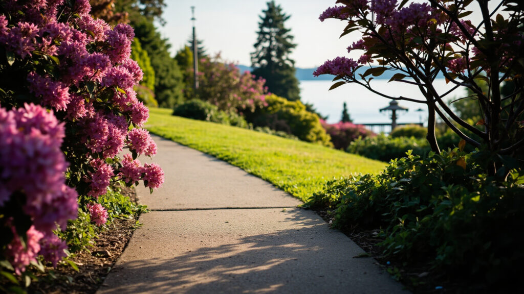Blooming rhododendrons along a garden path at Bear Creek Park in Surrey