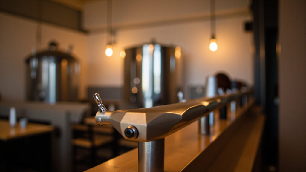 Rows of beer taps along a wooden bar in a Surrey BC craft brewery taproom