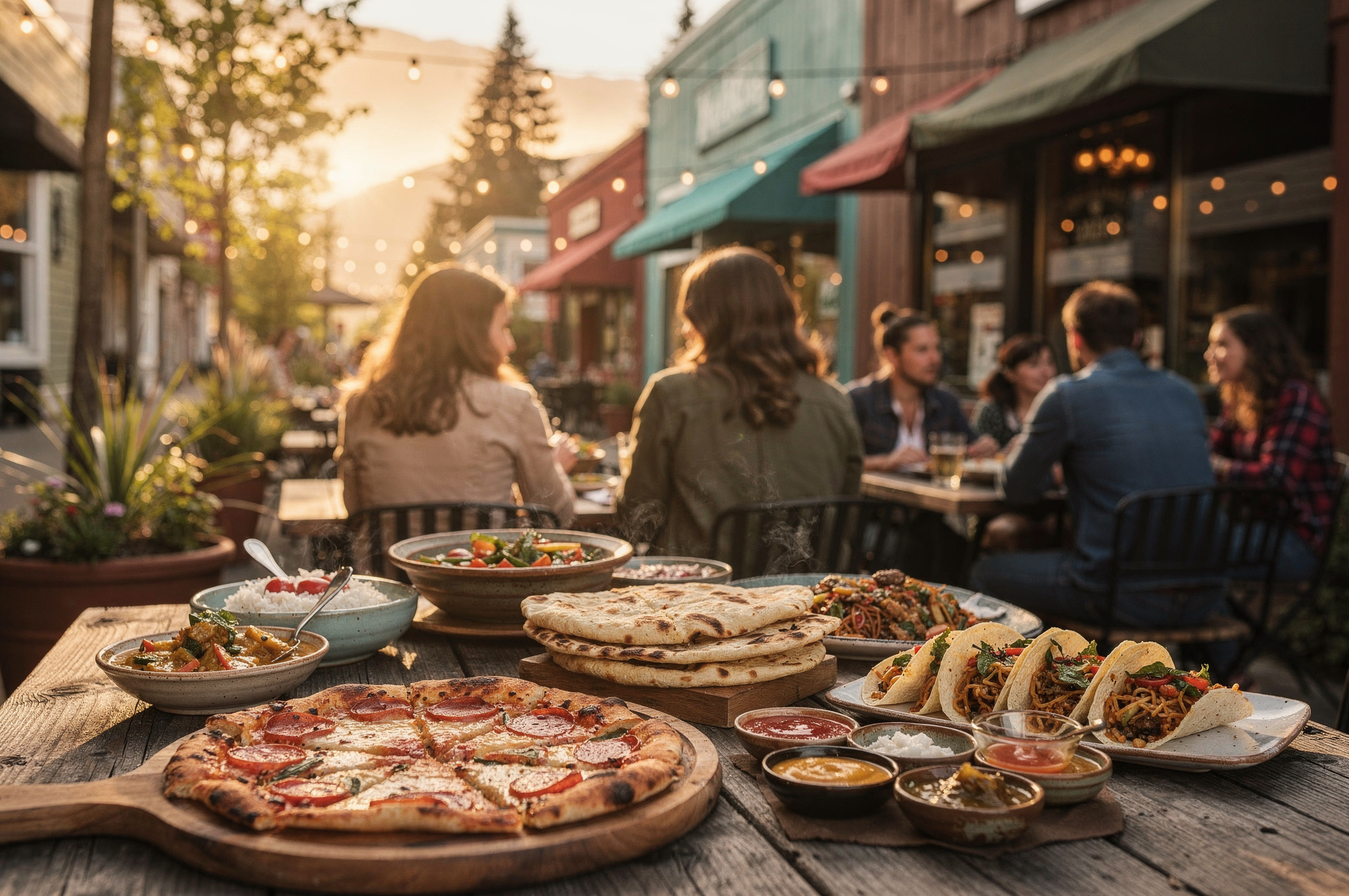 cloverdale s best eats v2 Cloverdale BC Food Guide Best Restaurants Outdoor patio dining scene in Cloverdale BC with a table spread of pizza, curry, naan, tacos and noodles, with diners enjoying the evening