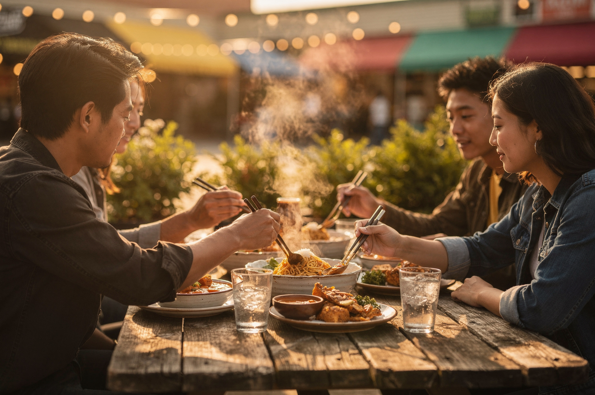 friends sharing bowls of food at an outdoor table in Newton Surrey