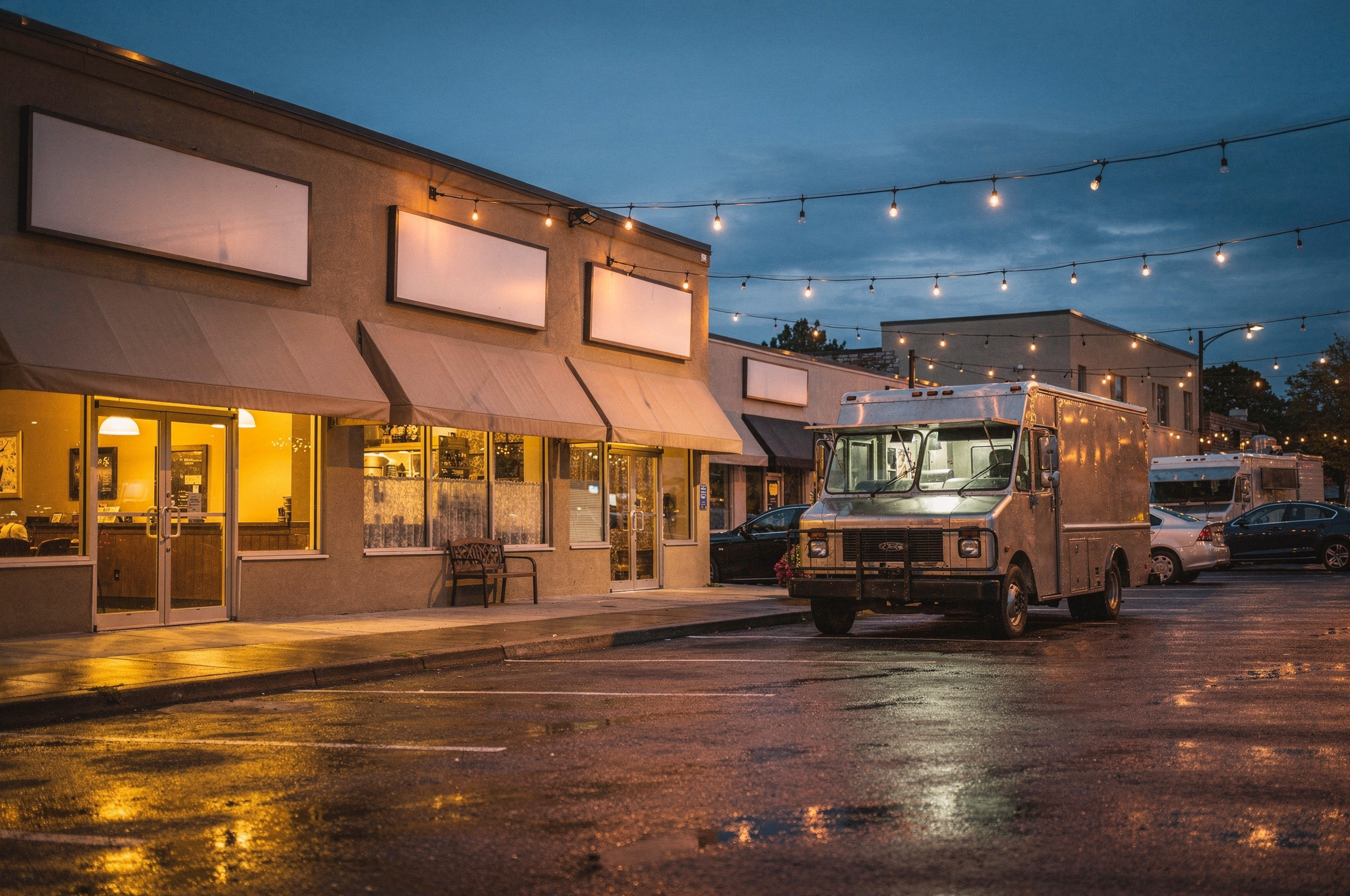 surrey local food gems v2 Newton Surrey: Neighbourhood Food Tour restaurant storefronts and food truck at dusk in Newton Surrey