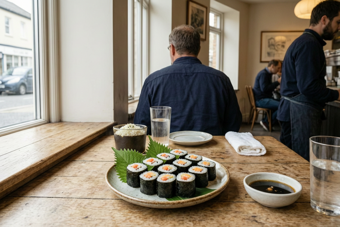 Sushi in Surrey v3 Surrey Local photograph of an assortment of sushi; salmon and tuna nigiri alongside avocado-salmon maki—arranged on a wooden board