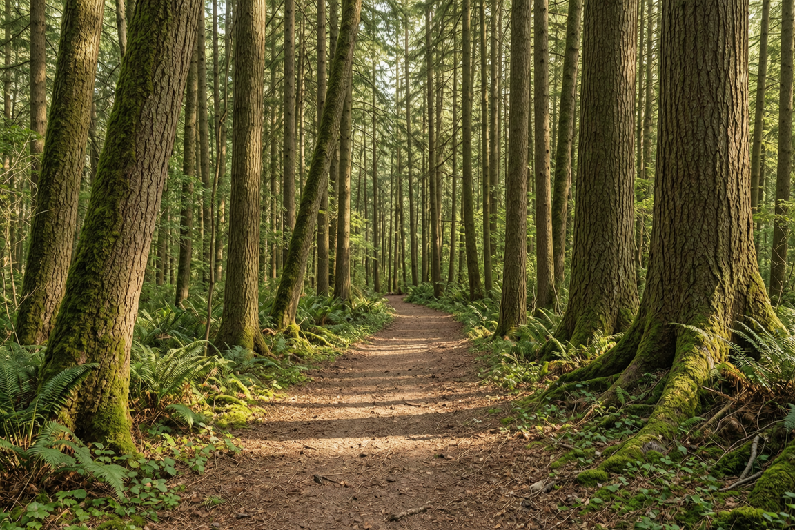 Tynehead Regional Park a path through a forest with lots of trees.