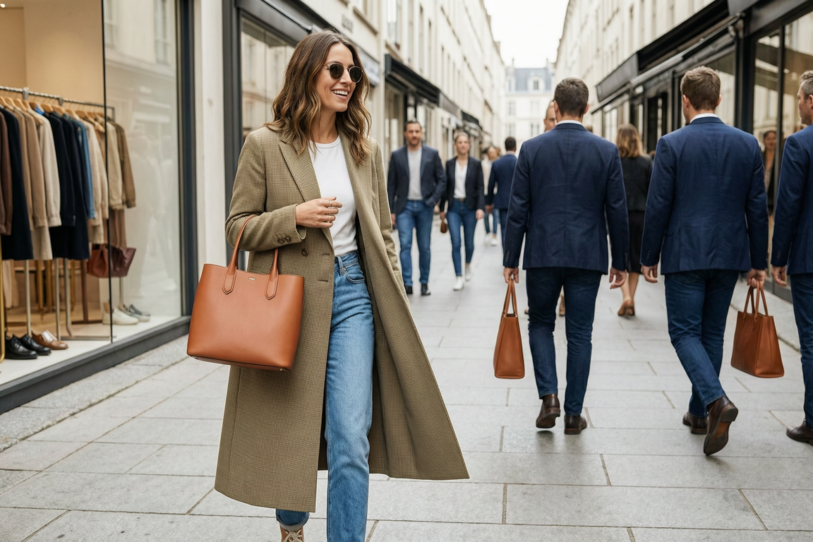 Fashion & Shopping in Surrey fashion and shopping elements including black and kraft paper shopping bags, a quilted black handbag, tortoiseshell sunglasses, and a beige wool coat set against a warm neutral background