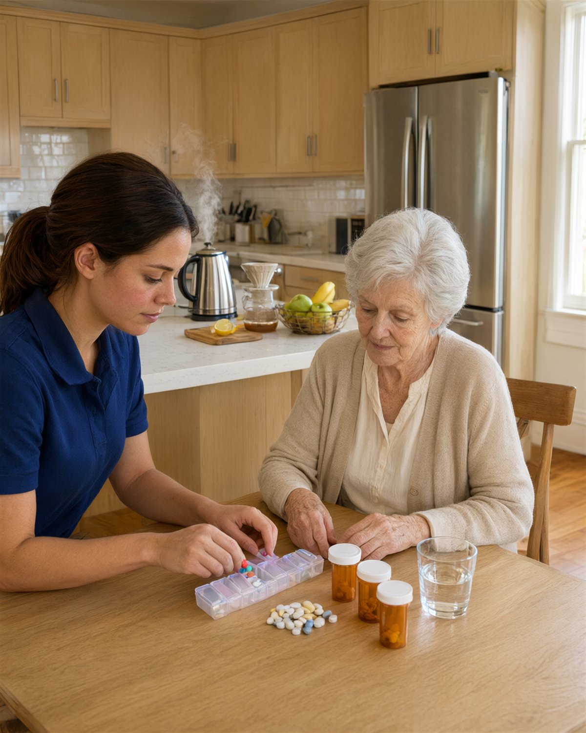 A caregiver and an elderly woman sorting medication at a kitchen table