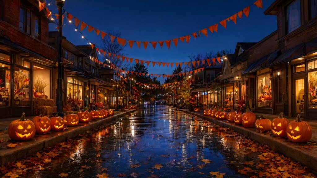 A suburban main street in Surrey British Columbia at dusk on October 31, strung with orange Halloween bunting, carved pumpkins along the kerb, warm light in the shop windows, wet pavement reflecting the decorations