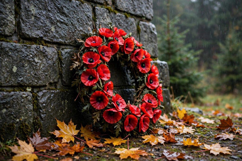 A red poppy wreath against a grey stone memorial wall in rain, with wet autumn maple leaves at its base