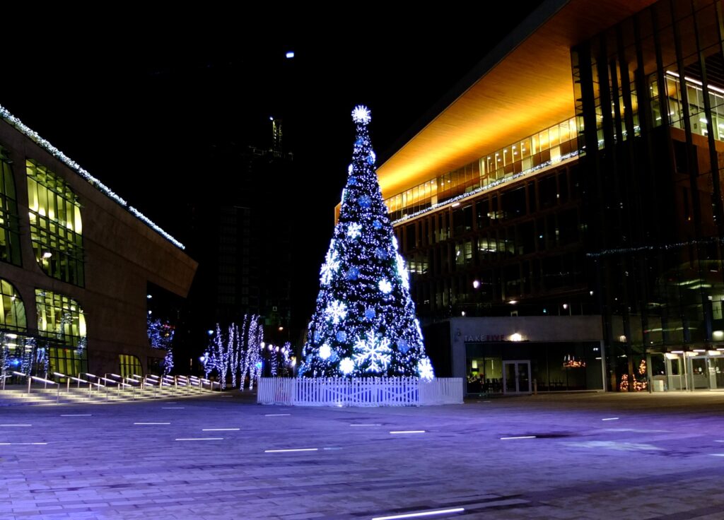 Lit Christmas tree at Surrey Civic Plaza at night, with Surrey City Hall decorated for Christmas
